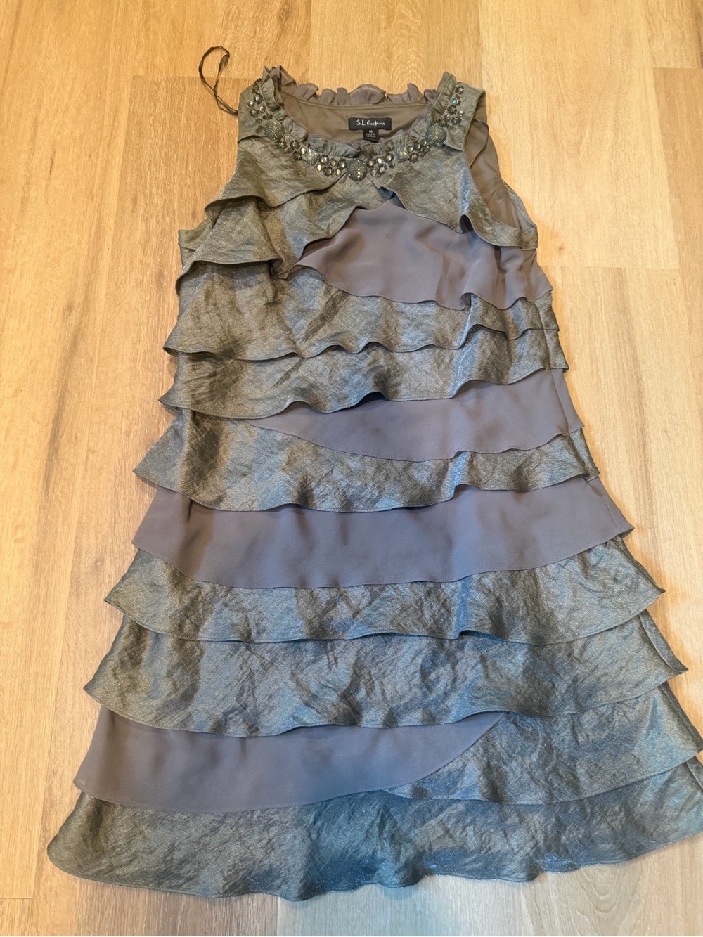 SL Fashions Gray Tiered Ruffle Midi Dress with Beaded Neckline
